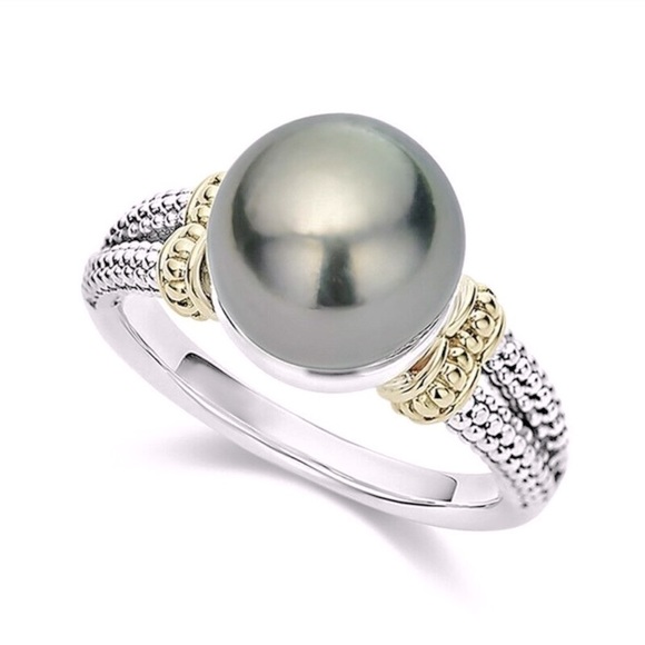New Beautiful Two-Tone Gold/925 Silver Cultured Black Pearl Ring - Picture 2 of 5